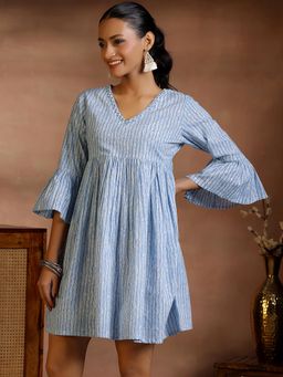 Libas - Blue Striped Printed Fit and Flared Dress