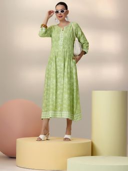 Libas - Green Floral Printed Long A-Line Dress with A Pleated Style