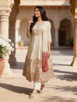 Rangita - Women White Chanderi Embroidered Anarkali Kurta with Pant and Dupatta
