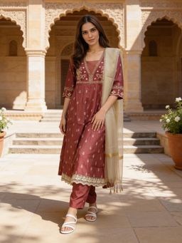 Rangita - Women Maroon Viscose Rayon Embroidered Anarkali Kurta with Pant and Dupatta