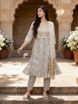 Rangita - Women Off White Rayon Embroidered Anarkali Kurta with Pant and Dupatta