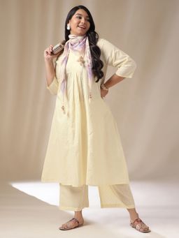 CUSTARD - Textured Pure Cotton A-Line Kurta with Palazzo and Scarf (Set of 3)