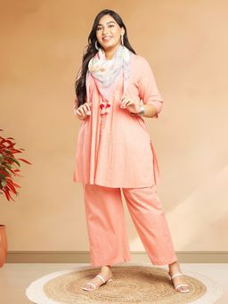 CUSTARD - Textured Pure Cotton Straight Kurta with Palazzo and Scarf (Set of 3)