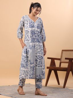 CUSTARD - Women Off White Cotton Floral Kurta with Pant (Set of 2)