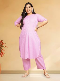 CUSTARD - Women Lavender Cotton Geometric Kurta with Pant (Set of 2)