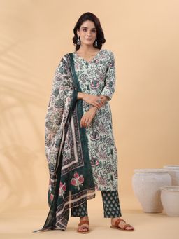 CUSTARD - Women Green Cotton Floral Kurta with Pant and Dupatta (Set of 3)