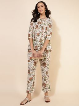 CUSTARD - Women Off White Cotton Floral Co-Ord (Set of 2)
