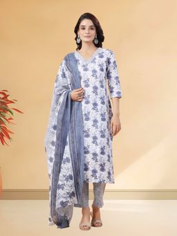 CUSTARD - Women White Cotton Printed Kurta with Pant and Dupatta (Set of 3)