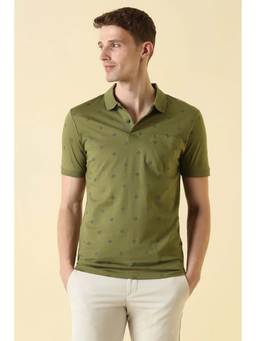 Allen Solly - Olive Printed Cotton Regular Fit Polo T-Shirt