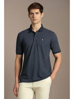 Louis Philippe - Navy Blue Printed Cotton Blend Regular Fit Polo T-Shirt