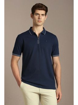 Louis Philippe - Navy Blue Textured Cotton Regular Fit Polo T-Shirt