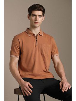 Louis Philippe - Brown Textured Cotton Regular Fit Polo T-Shirt
