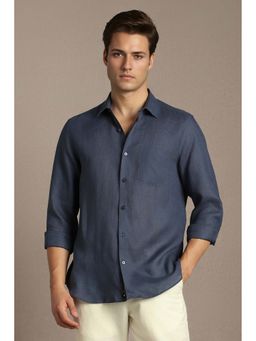 Louis Philippe - Navy Blue Solid Linen Regular Fit Shirt