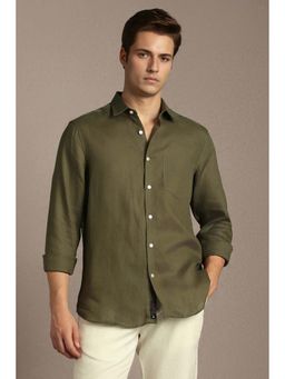 Louis Philippe - Olive Solid Linen Regular Fit Shirt