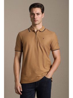 Louis Philippe - Brown Textured Cotton Blend Slim Fit Polo T-Shirt