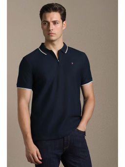 Louis Philippe - Navy Blue Textured Cotton Blend Slim Fit Polo T-Shirt