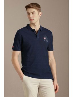 Louis Philippe - Navy Blue Embroidered Cotton Slim Fit Polo T-Shirt