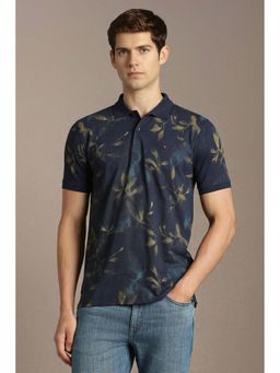 Louis Philippe - Navy Blue Printed Cotton Slim Fit Polo T-Shirt