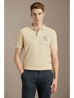 Louis Philippe - Cream Embroidered Cotton Slim Fit Polo T-Shirt