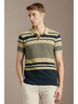 Louis Philippe - Beige Stripes Cotton Blend Slim Fit Polo T-Shirt