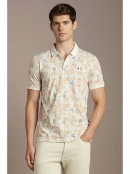 Louis Philippe - Beige Printed Cotton Slim Fit Polo T-Shirt