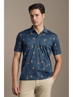 Louis Philippe - Blue Printed Cotton Regular Fit Polo T-Shirt