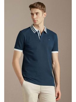Louis Philippe - Navy Blue Solid Cotton Slim Fit Polo T-Shirt