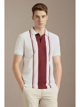 Louis Philippe - White Stripes Cotton Blend Slim Fit Polo T-Shirt