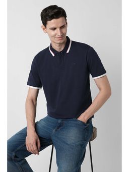 Peter England - Navy Blue Solid Cotton Blend Regular Fit Polo T-Shirt