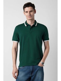 Peter England - Green Solid Cotton Blend Regular Fit Polo T-Shirt