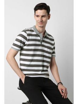 Peter England - White Stripes Cotton Regular Fit Polo T-Shirt