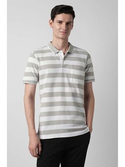 Peter England - White Stripes Cotton Regular Fit Polo T-Shirt