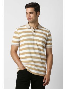 Peter England - Beige Stripes Cotton Regular Fit Polo T-Shirt