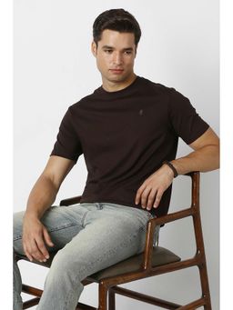 Peter England - Brown Solid Cotton Blend Regular Fit T-Shirt