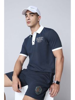 Reebok - Navy Blue Printed Cotton Blend Regular Fit Polo T-Shirt
