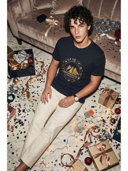 Simon Carter - Navy Blue Graphic Cotton Blend Slim Fit T-Shirt