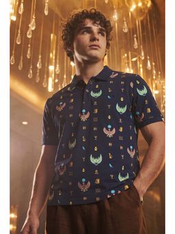 Simon Carter - Navy Blue Printed Cotton Blend Slim Fit Polo T-Shirt