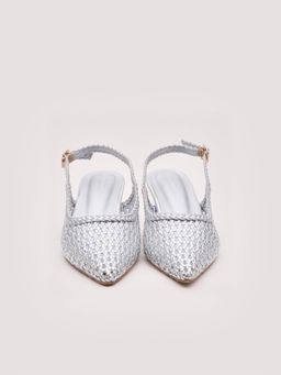 DA NAPPA - Silver Vyra Weave Kitten Heel Pumps