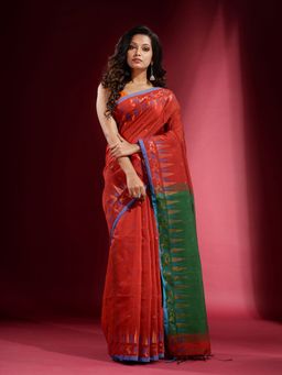 CHARUKRITI - Brick Red with Temple and Floral Zari Pattern Saree with Unstitched Blouse