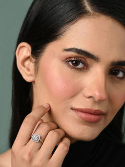 CLARA - Women 925 Silver Plated Adjustable Luna Cushion Cut Halo Ring