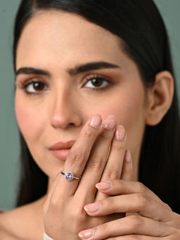 CLARA - Women 925 Silver Plated Adjustable Vega Pink Solitaire Halo Ring