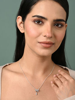 CLARA - Women 925 Silver Plated Zirconia Bow Knot Pendant Chain Necklace