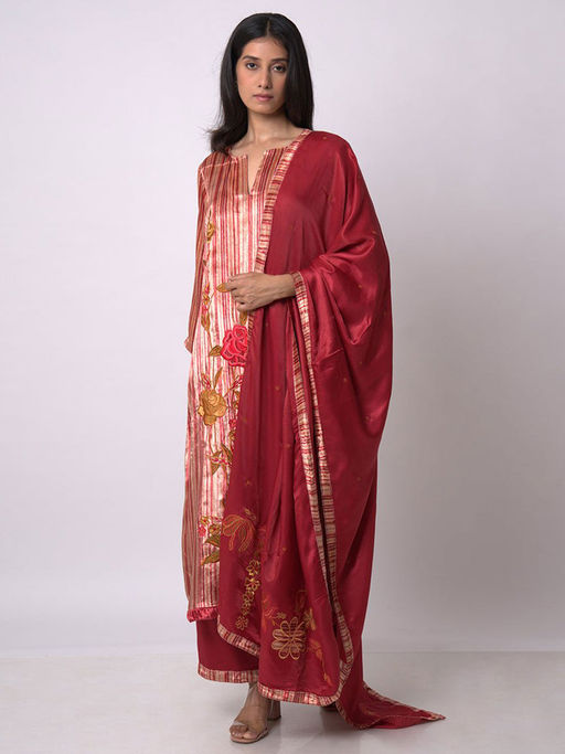 Ganga Fashions Maroon & Beige Silk Velvet Kurta with Pant & Dupatta (Set of 3)