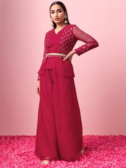 Indya - Dark Pink Mirror Thread Embroidered Kurta with Palazzo and Belt (Set of 3)