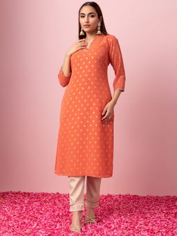 Indya - Orange Foil Print A-Line Kurta