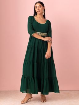 Indya - Dark Green Tiered Dress with Embroidered Belt (Set of 2)