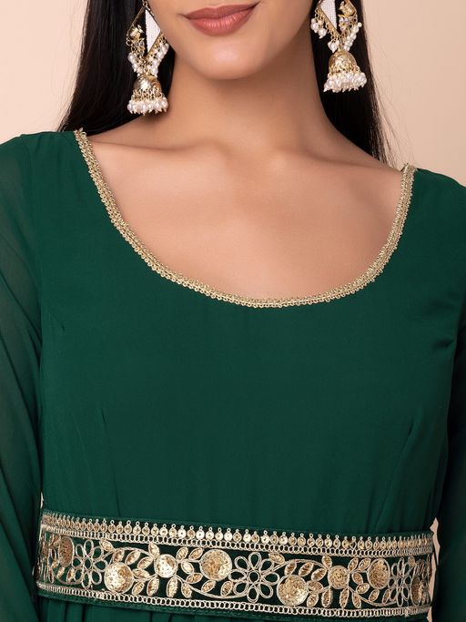 Buy Indya Dark Green Tiered Dress with Embroidered Belt (Set of 2) Online