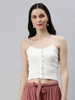 SHOWOFF - Womens Solid Fitted White Shoulder Straps Top