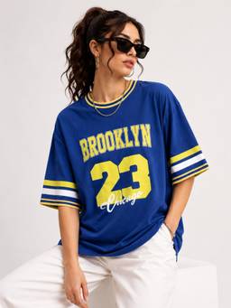 IZF - Women Blue Typography Printed Oversized T-Shirt