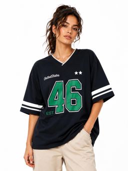 IZF - Women Navy Blue Typography Printed Oversized T-Shirt